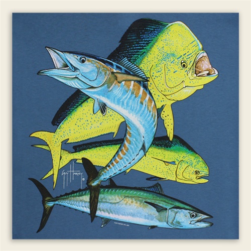 Guy Harvey T-shirt - Dolphin Wahoo Kingfish - Denim Blue Long Sleeve (Size M, L, XL, & 2XL Left)