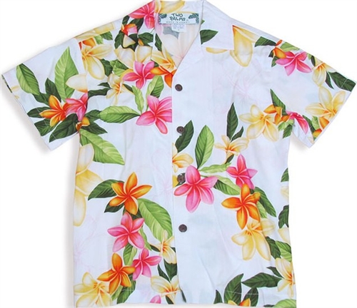 Boys Hawaiian Shirt - Plumeria Celebration - White