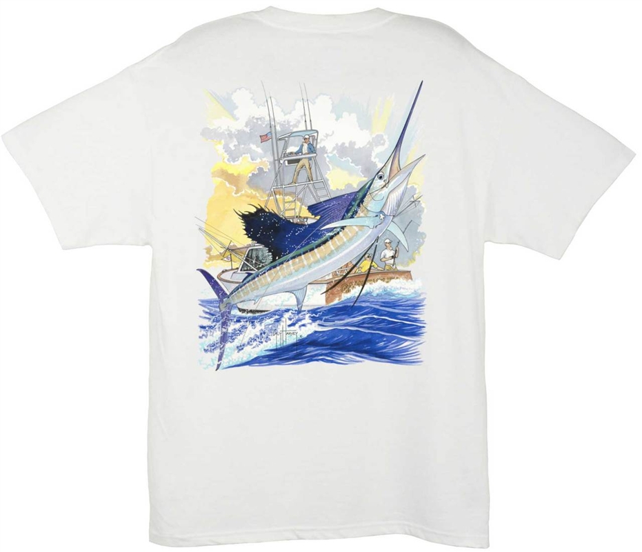 Guy Harvey T-Shirt – Short Sleeve – Sailfish Boat – White (Size 3XL Left)