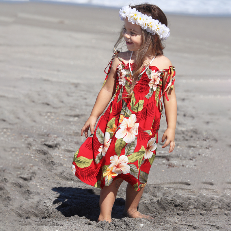 Girls Shirred tube top sundress – Tahitian magic – Red – 2 Model Front