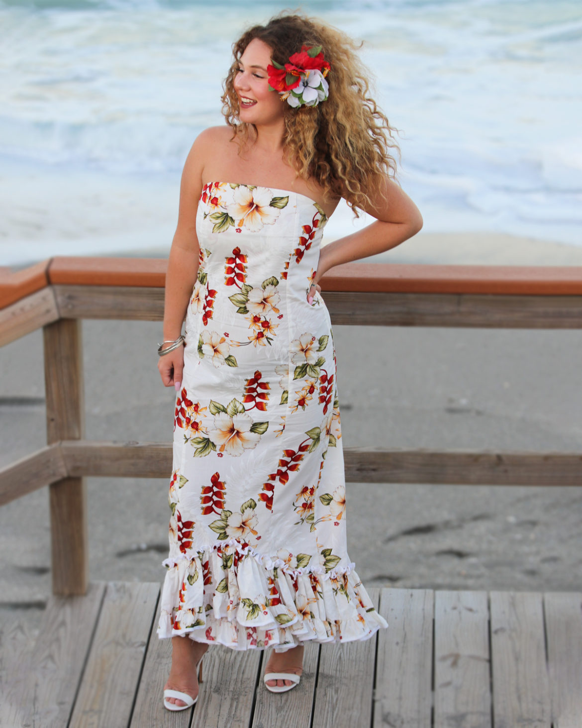Strapless Long Hawaiian Sundress - Heliconia Hideaway White - model