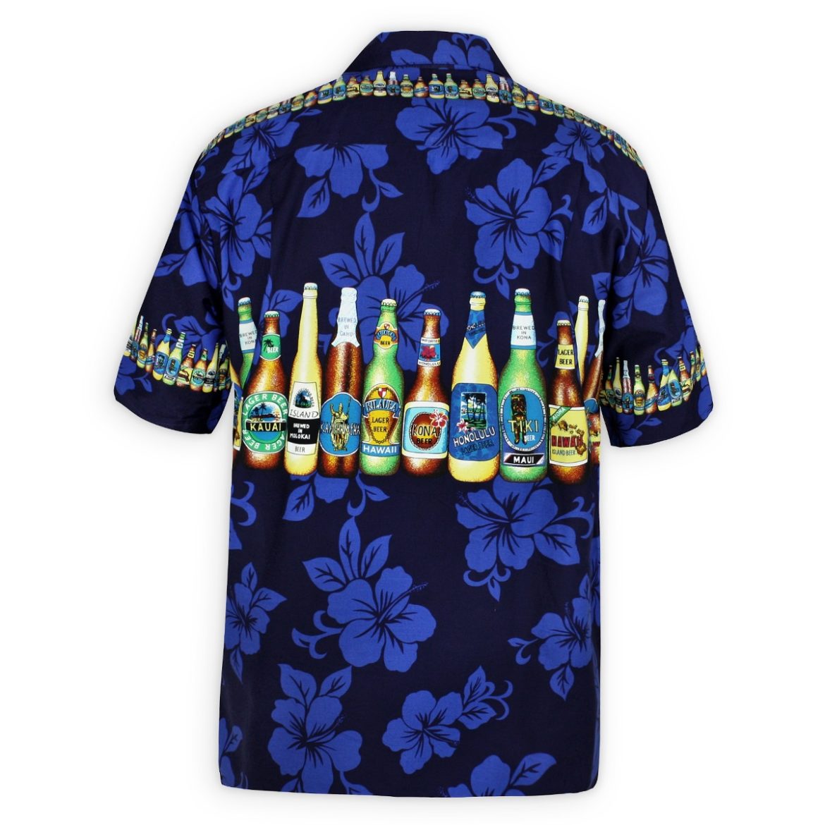 Mens Hawaiian Shirt - Bottoms Up - Navy Blue - Beer Bottle Print Shirt - Back View