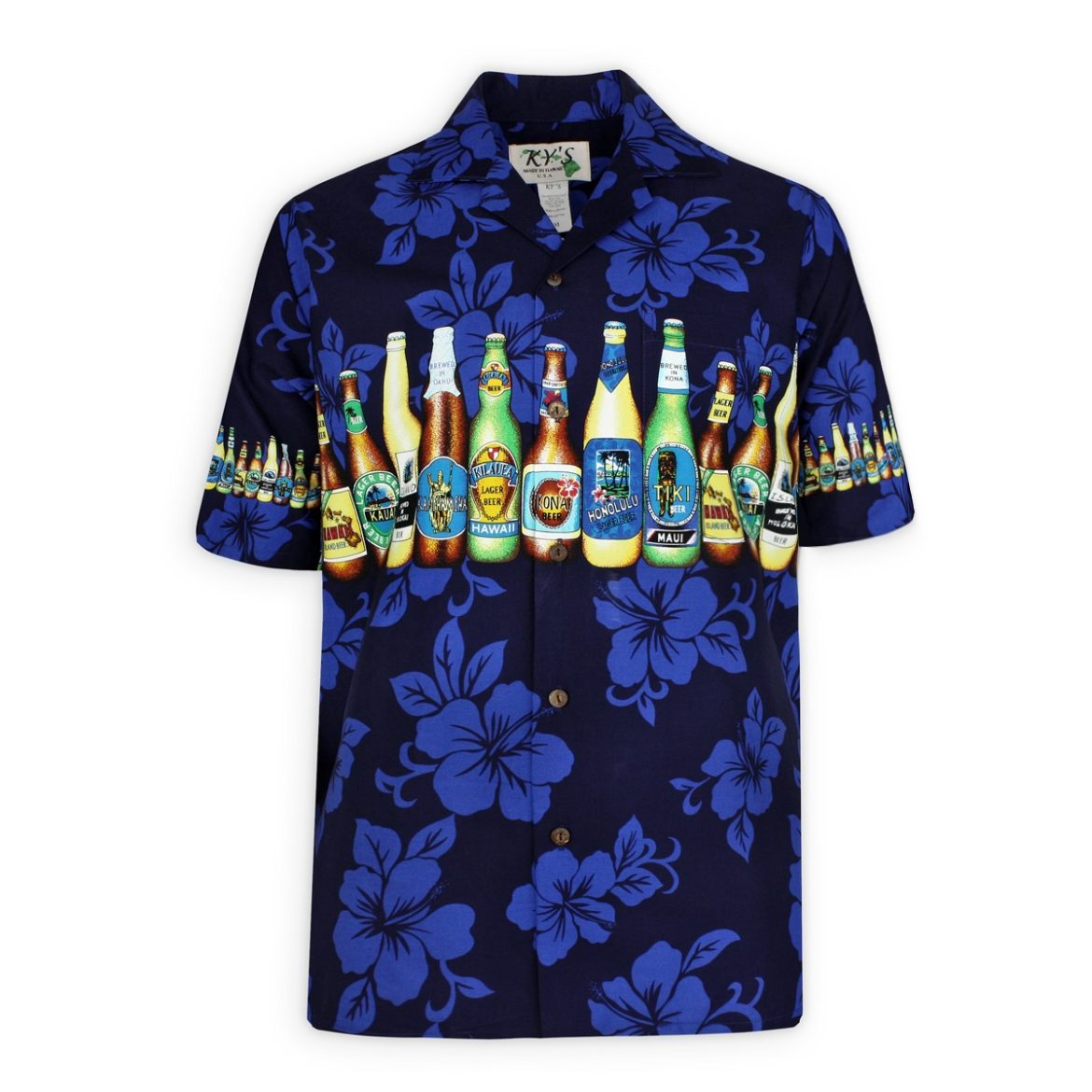 Mens Hawaiian Shirt - Bottoms Up- Navy Blue - Beer Bottle Shirt