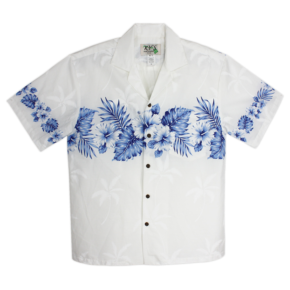 Mens Hawaiian Shirt – Caribbean Retreat – White with Royal Blue Chestband Print