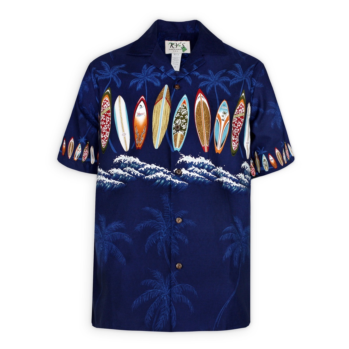mens-hawaiian-shirt-catch-a-wave-navy-blue-front-view