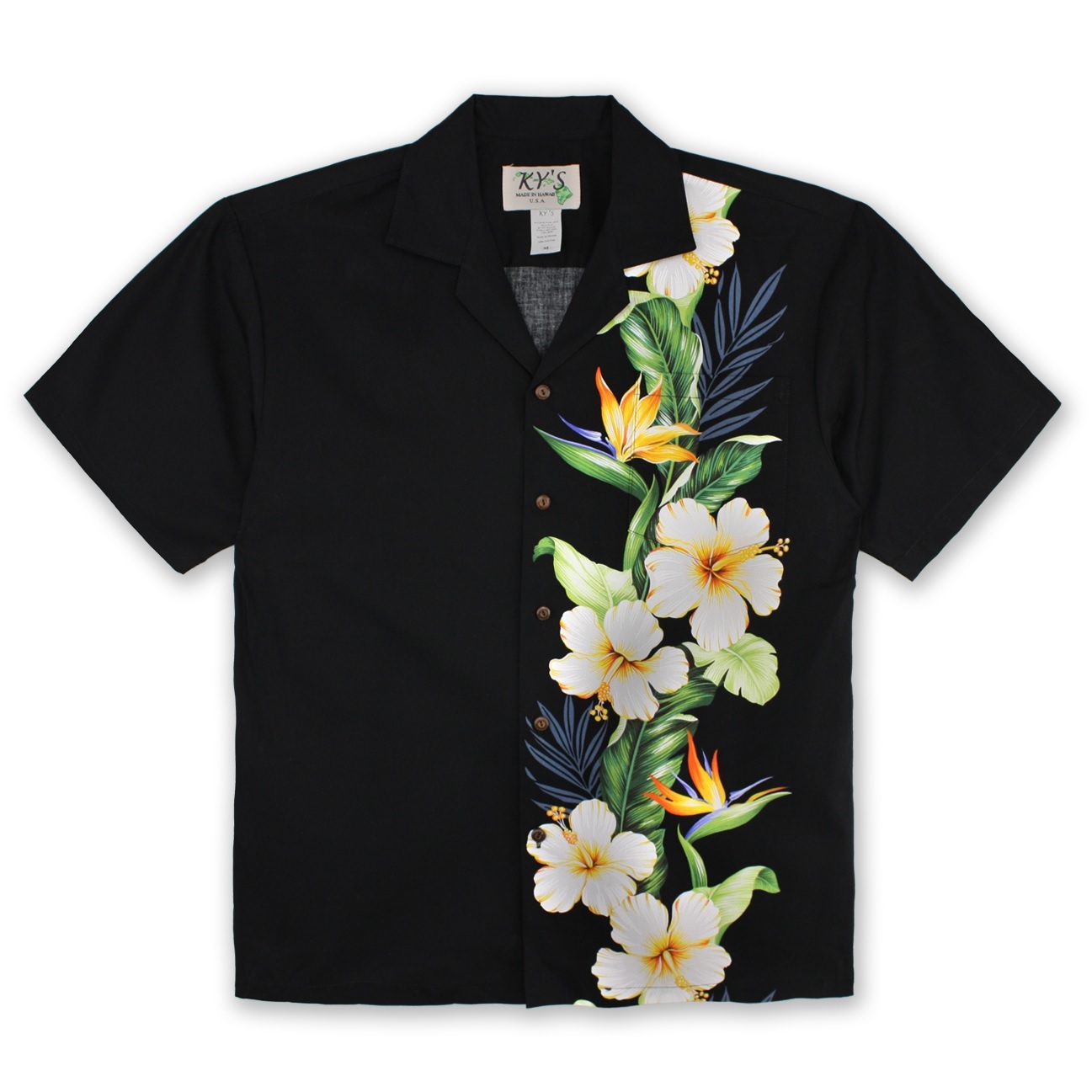mens-hawaiian-shirt-maka-pua-island-flower-black-front-view