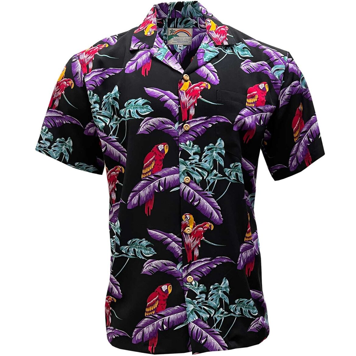Mens-Hawaiian-Shirt-Paradise-Found-Jungle-Bird-Black