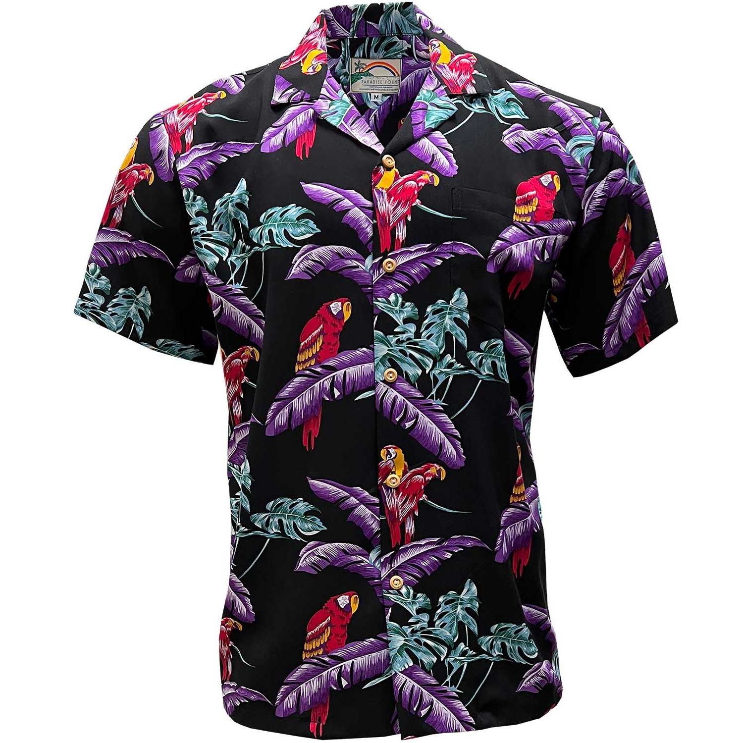 Mens-Hawaiian-Shirt-Paradise-Found-Jungle-Bird-Black