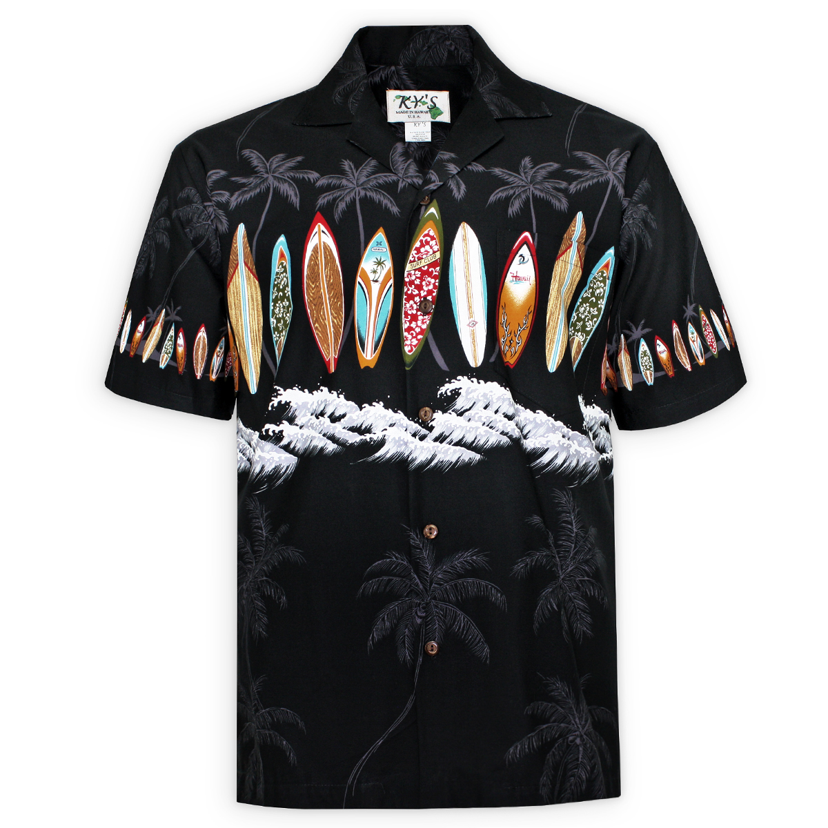 mens-cotton-hawaiian shirt-catch-a-wave-black