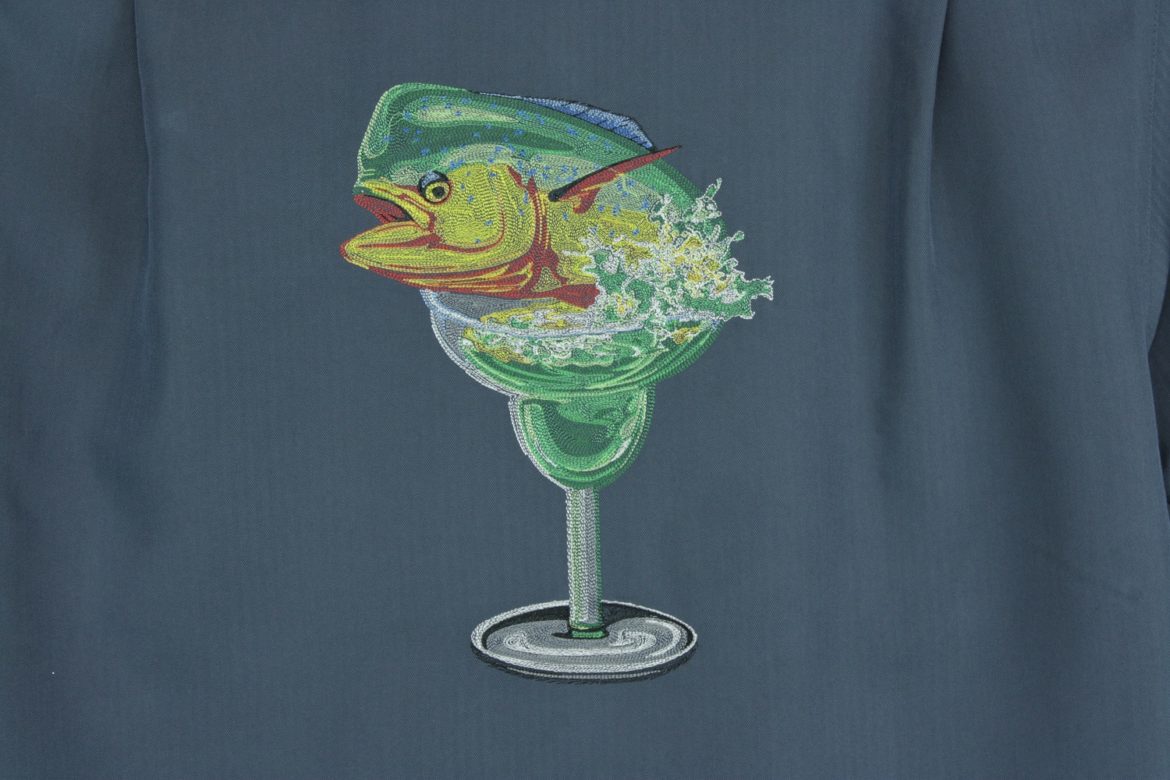 Mens Shirt - Hook & Tackle - Dolphinrita - Navy Blue - Close-up -Back embroidery print