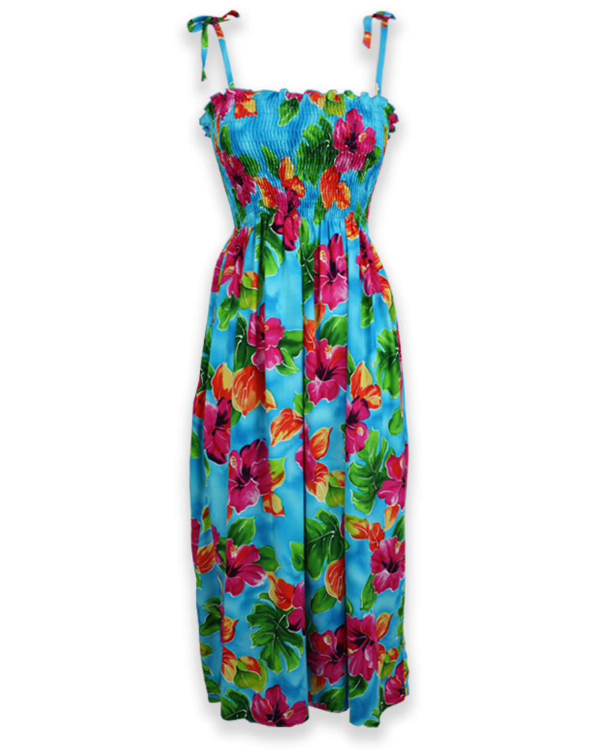 Shirred Tube Top Sundress - Hibiscus Watercolor - Turquoise
