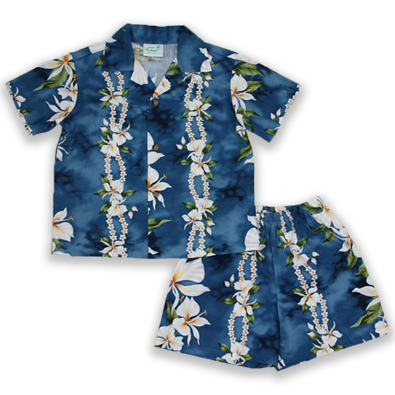 Boy's Hawaiian Shirt / Set - White Ginger Garden Blue