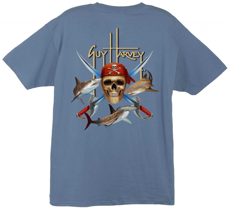 Guy Harvey T-Shirt – Short Sleeve – Pirate Shark – Denim (Size S & L Left)