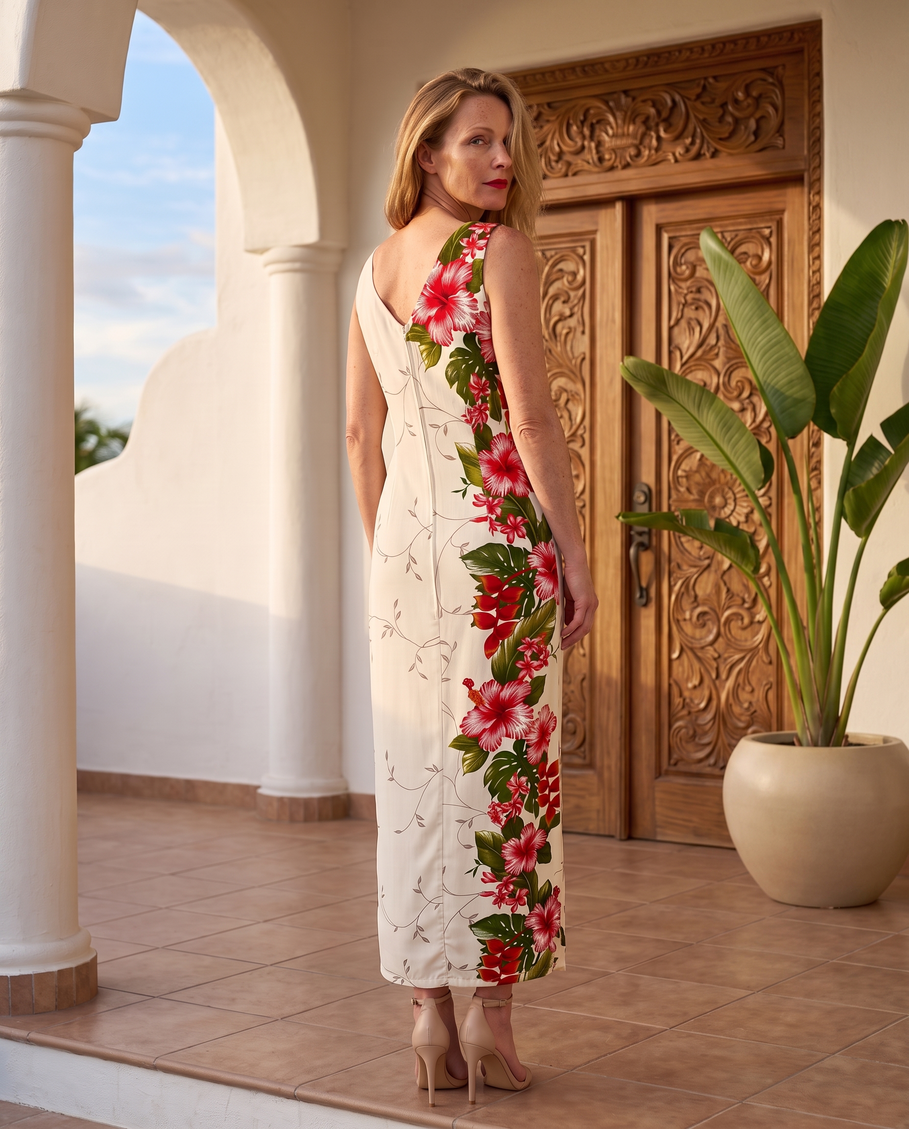Long-Tank-Sundress-Paradise-Garden-Cream-Model-at-Resort-back-view