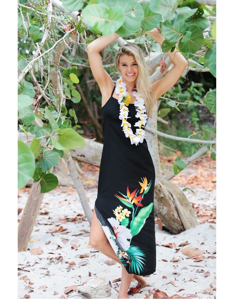 tropical-hawaiian-maxi-spaghetti-strap-sundress-tropic-cascade-black-model-shot