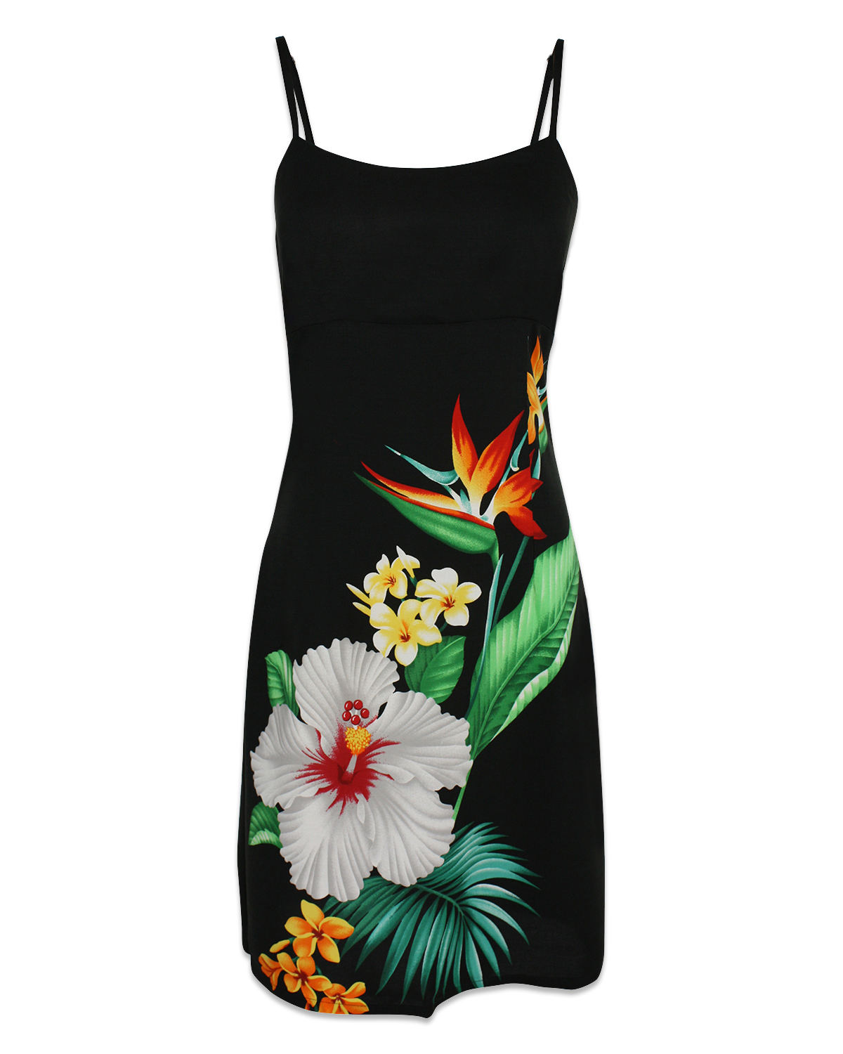 hawaiian-sun-dress-short-spaghetti-tropic-cascade-black-front-view