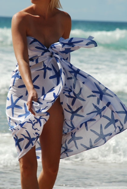 Sarong - Swimsuit Cover-up - Starfish - White / Navy