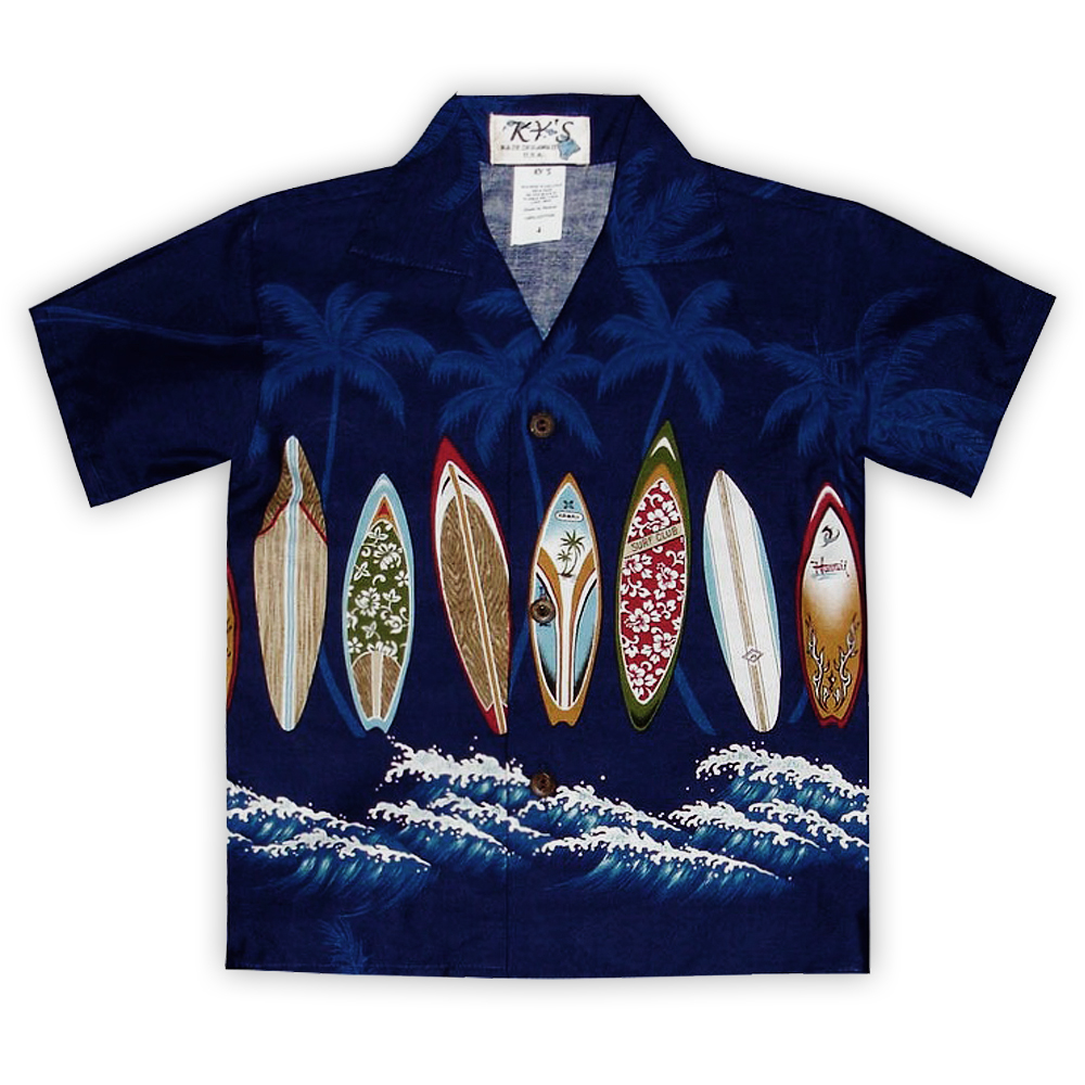 Boys Hawaiian Shirt – Catch A Wave – Navy Blue