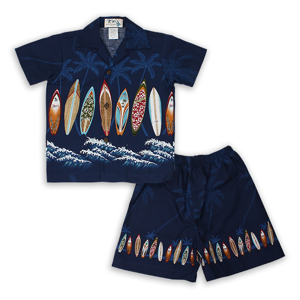 Boys Hawaiian Shirt and Shorts – Catch A Wave- Navy Blue