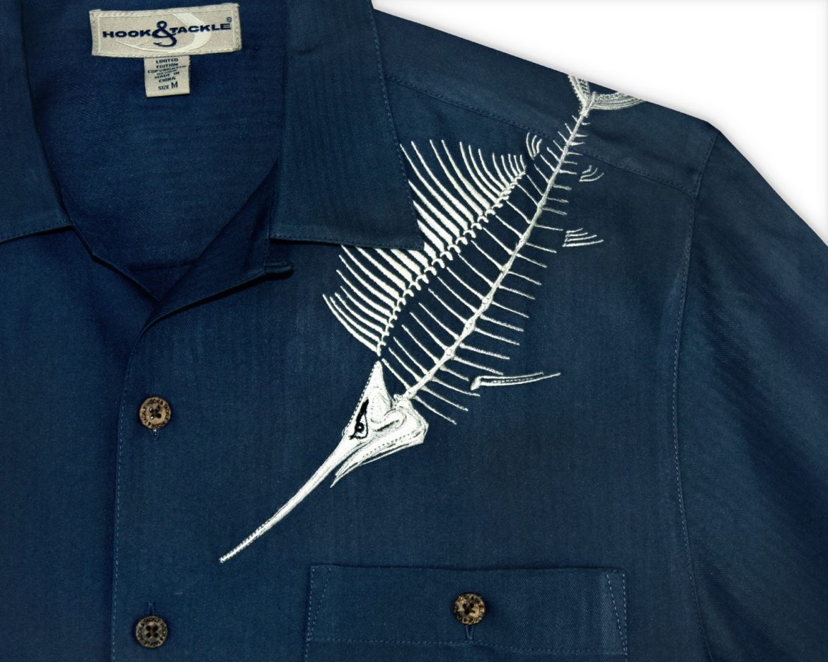 Mens Resort Shirt - Hook & Tackle - Sailfish Bones - navy Blue - Close Up - Front Shoulder
