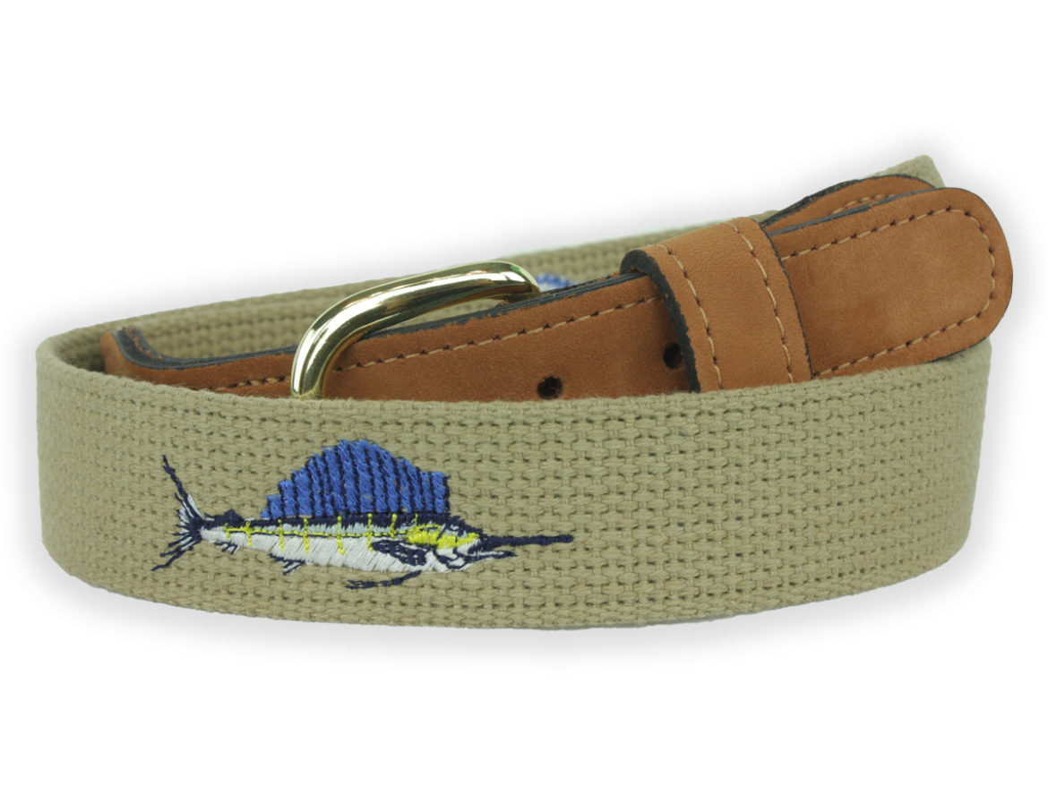 Nautical Belt - Sailfish - Made in USA- Men's nautical belt by Zep-Pro. Zep-Pro Sailfish Belt is made of smooth natural jute with sailfish embroidered into the strap. Real leather ends are durable and handsome.