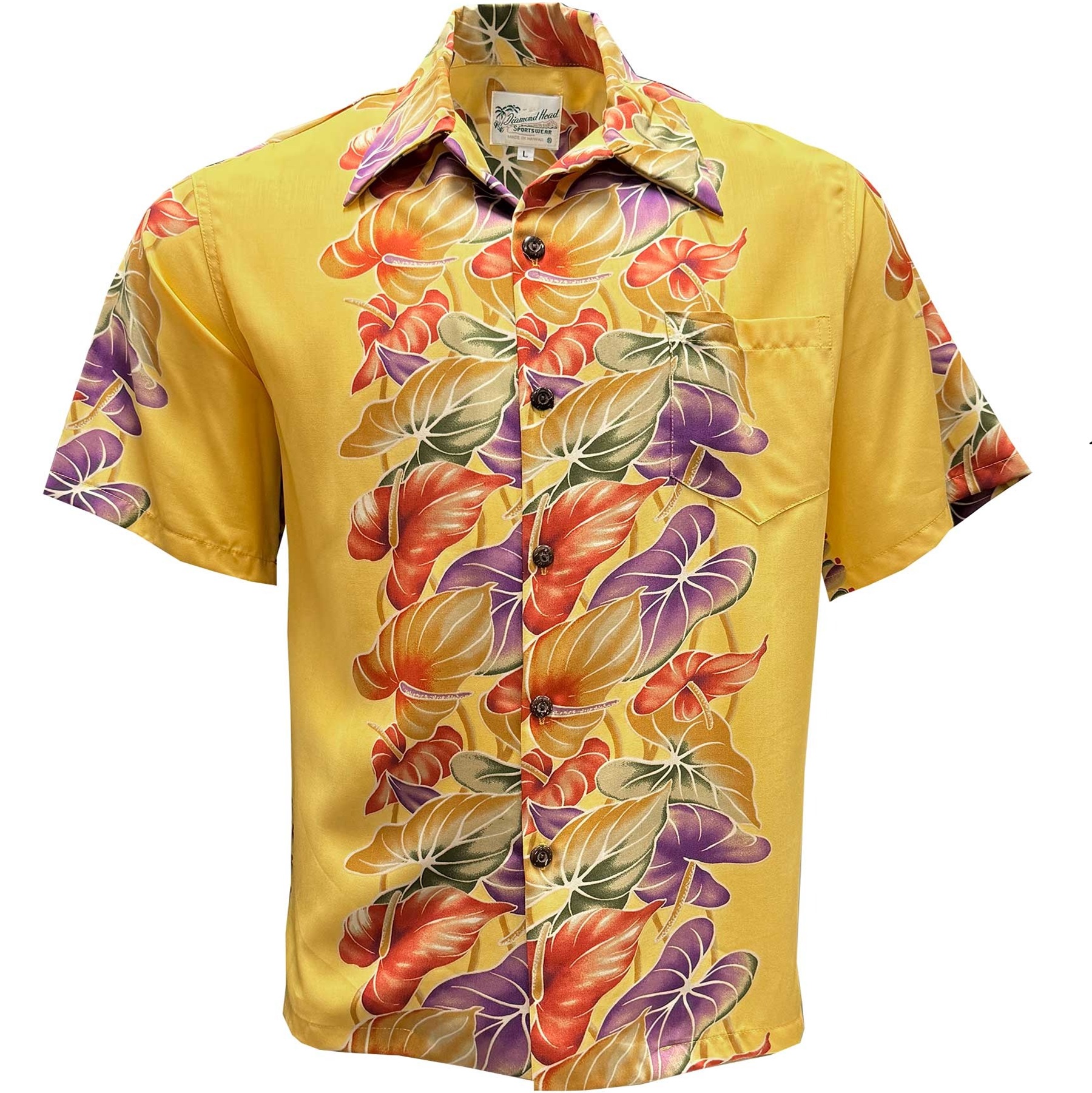 Hawaiian-Shirt-Paradise-Found-Anthurium-panel-yellow-Full-front-view-website-