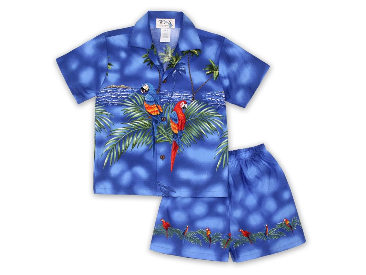 Boy's Hawaiian Shirt / Set - Parrots of the Caribbean - Blue