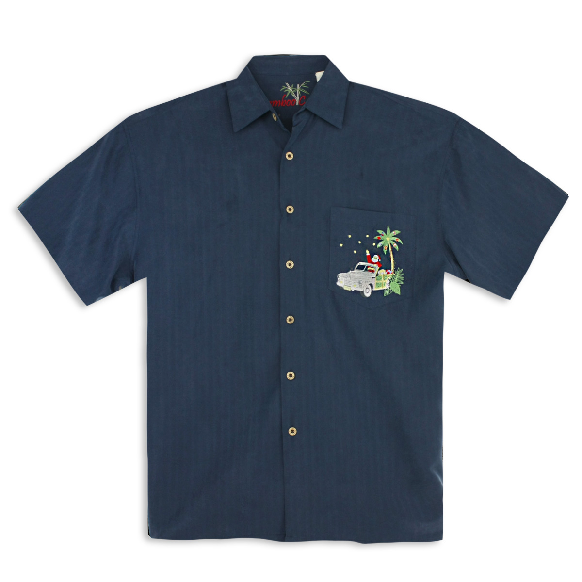 Bamboo Cay Men’s Shirt – Santas Woody Island Christmas (front Print) – Navy or Black –  L or XL