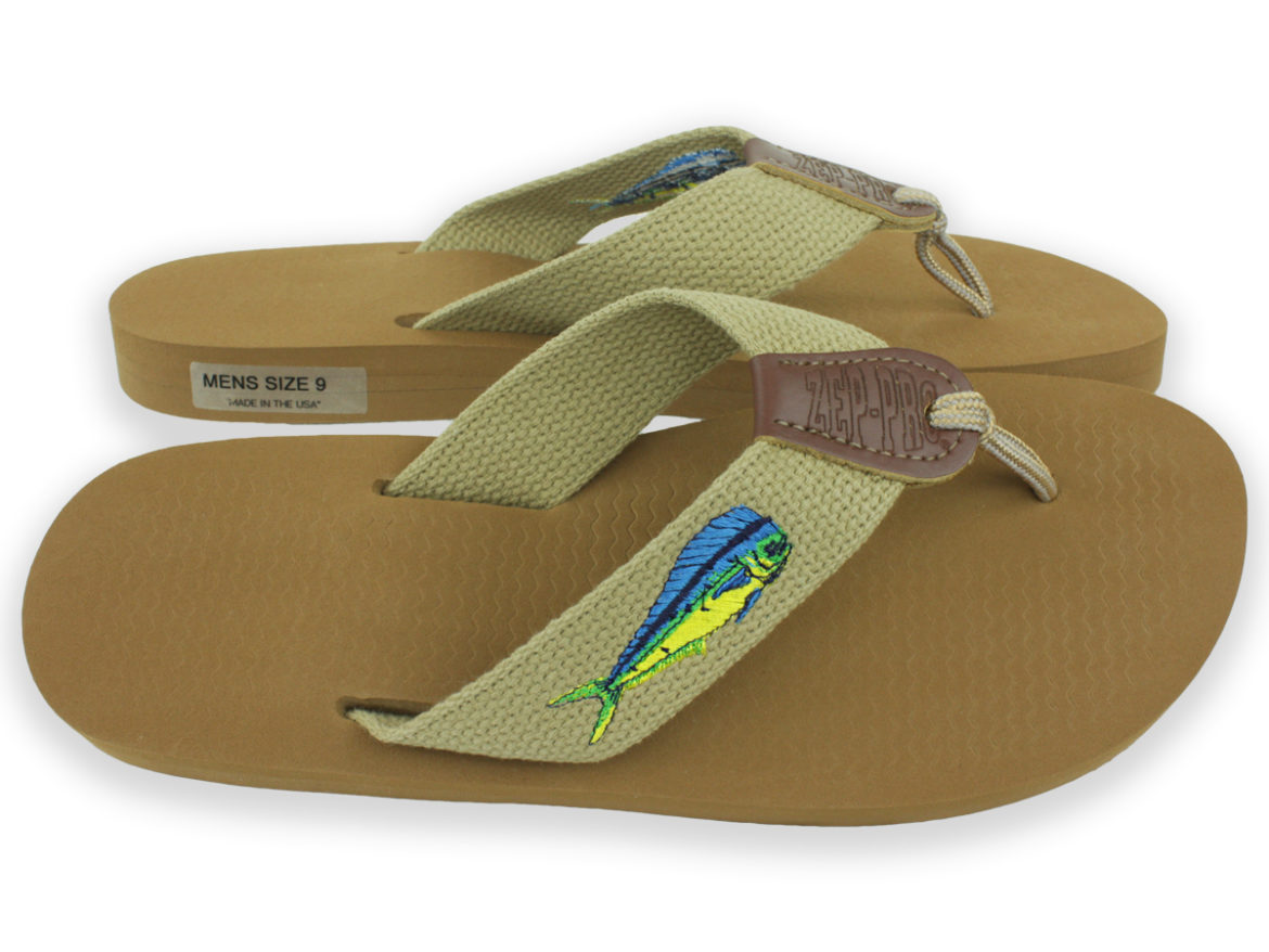 Zep-Pro Sandals - Dolphin Web Strap - Made in USA - *Made in the USA. (Higher quality version of this sandal.) *Comfy natural webbed straps with embroidered Dolphin / Mahi Mahi *Non-Slip, Non-Skid Bottoms.