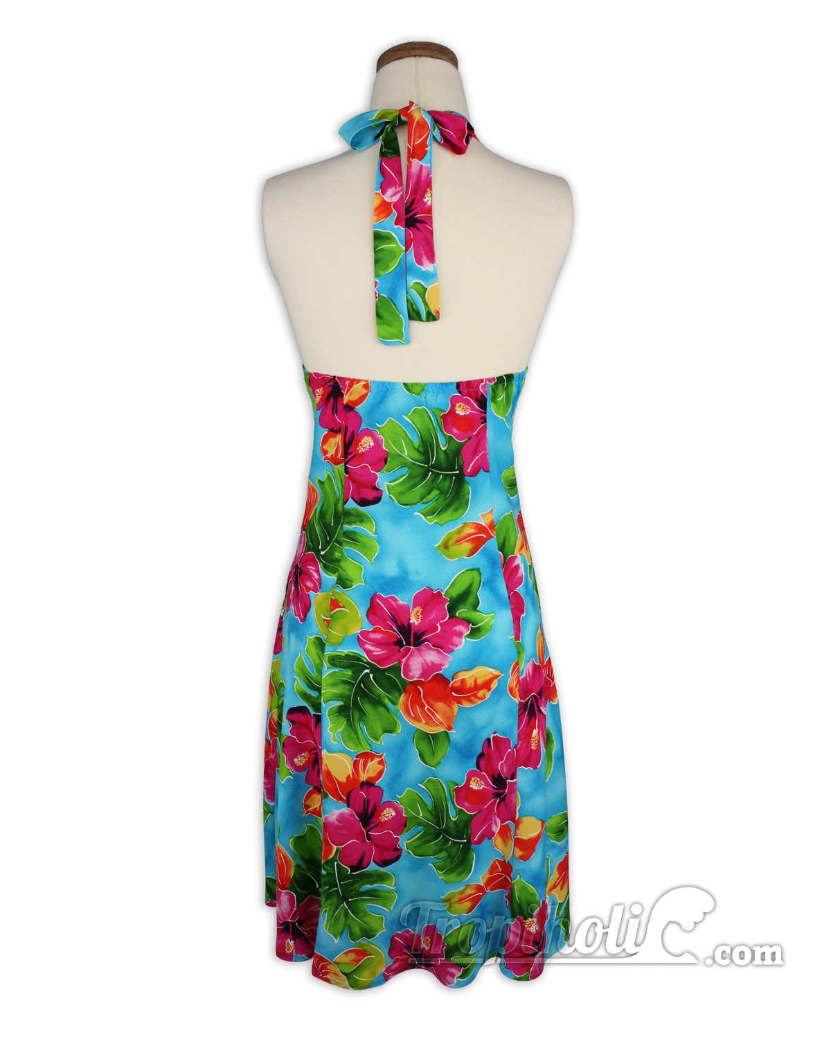 Hawaiian Sundress – Short Halter – Two Palms-Hibiscus Watercolor -Turquoise- back view