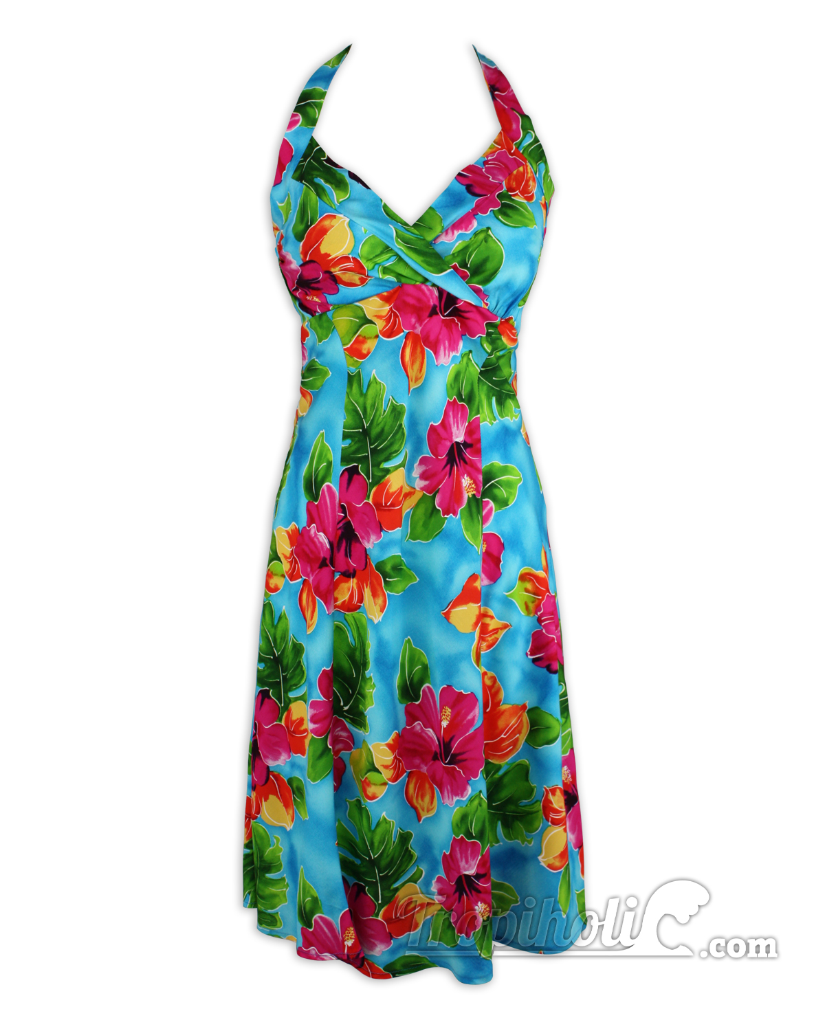 Hawaiian Sundress – Short Halter – Two Palms-Hibiscus Watercolor -Turquoise-front view