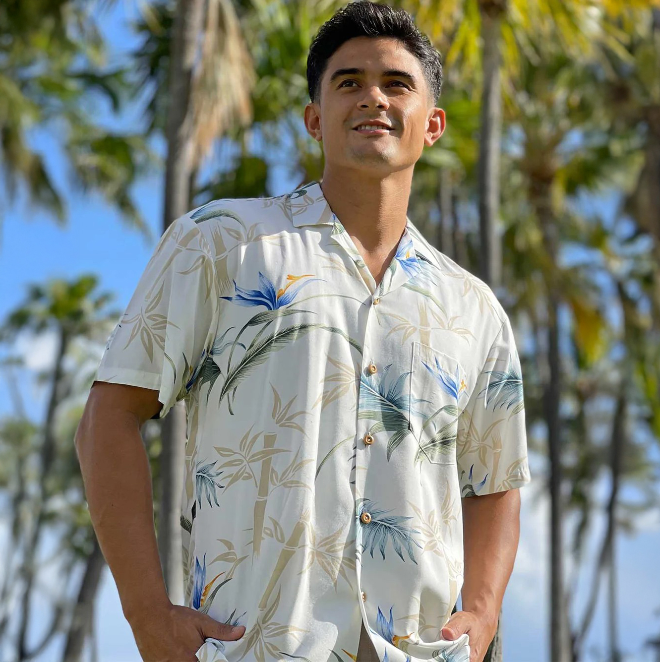Mens-Authentic-Hawaiian-Shirt-Bamboo-Paradise-Cream-Handsome-Model-posing-in-Hawaii-with-beautiful-palm-tree-background