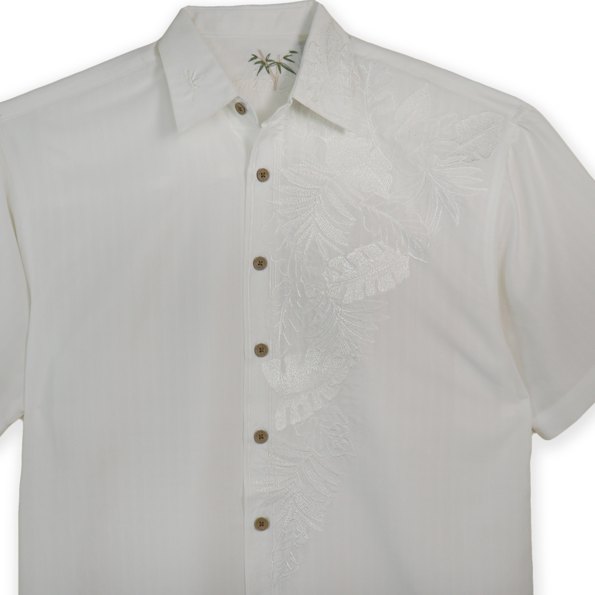 Bamboo Cay Men’s Shirt – Moonlight fronds – white – front close up