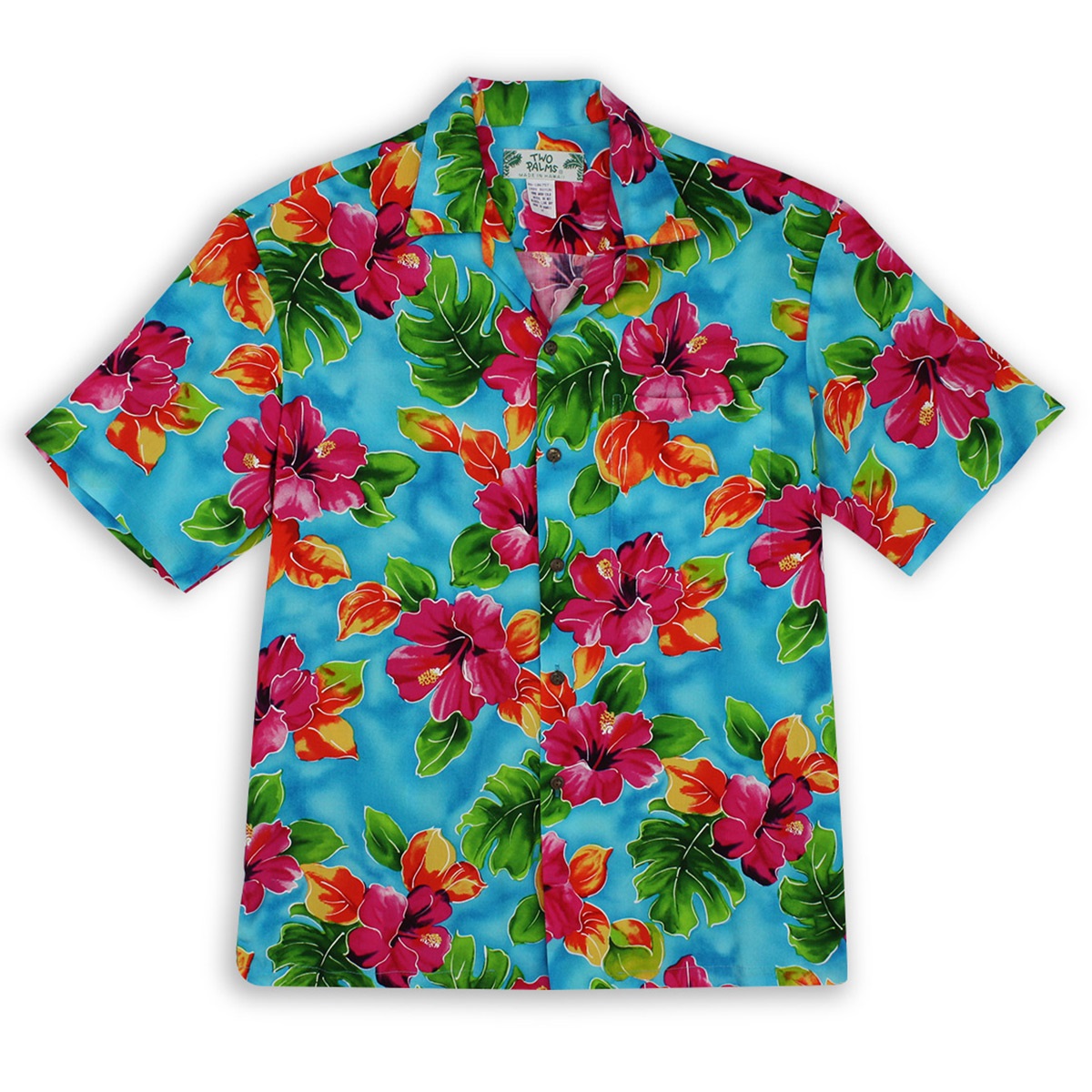 Mens Hawaiian Shirt - Two Palms - Hibiscus Watercolor - Turquoise (Size: M) - Tropaholic
