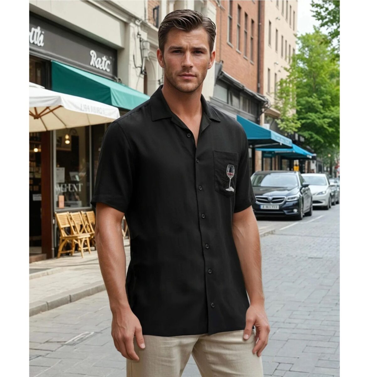 Bamboo-Cay-Mens-Shirt-Relax-and-Unwind-Model-in-shirt-standing-in-front-of-Cafe