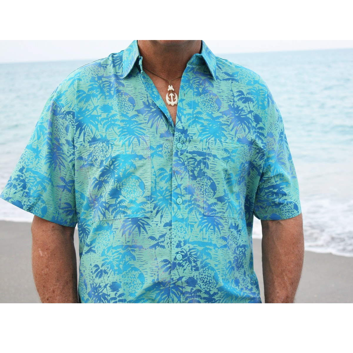 Rum Reggae – Mens Hawaiian Tropical Shirt – Tuitti Fruity – Aqua Blue – Model Shot