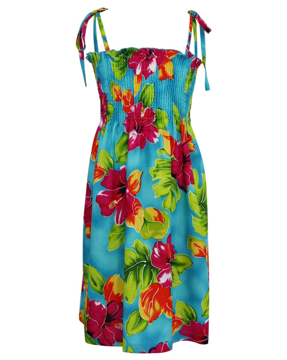 Girl's Shirred Tube Top Sundress - Hibiscus Watercolor - Turquoise