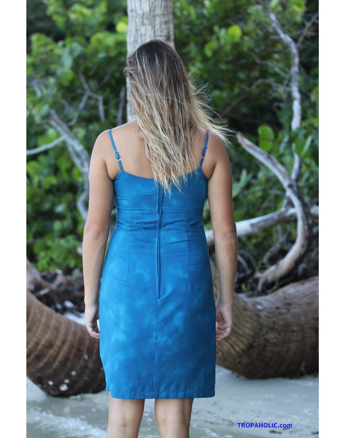 Short Spaghetti Strap Hawaiian Sundress – Tropic Cascade Blue – Back Shot – Model on beach