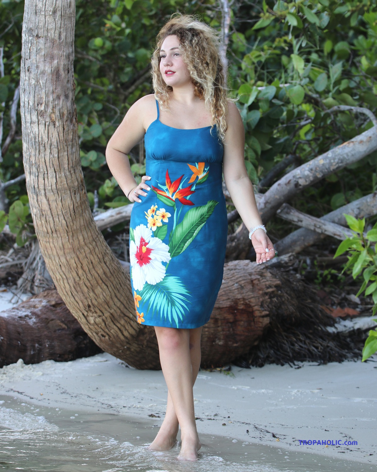 Short Spaghetti Strap Hawaiian Sundress – Tropic Cascade Blue – Model walking on Island beach –
