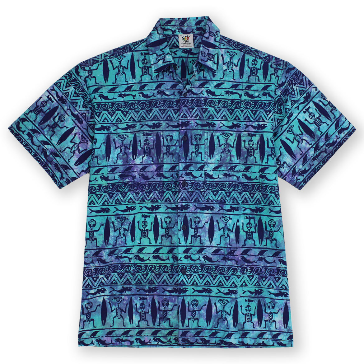 Rum Reggae - Mens Hawaiian Tropical Shirt - Primitive Surf- Turquoise/Navy- Front View