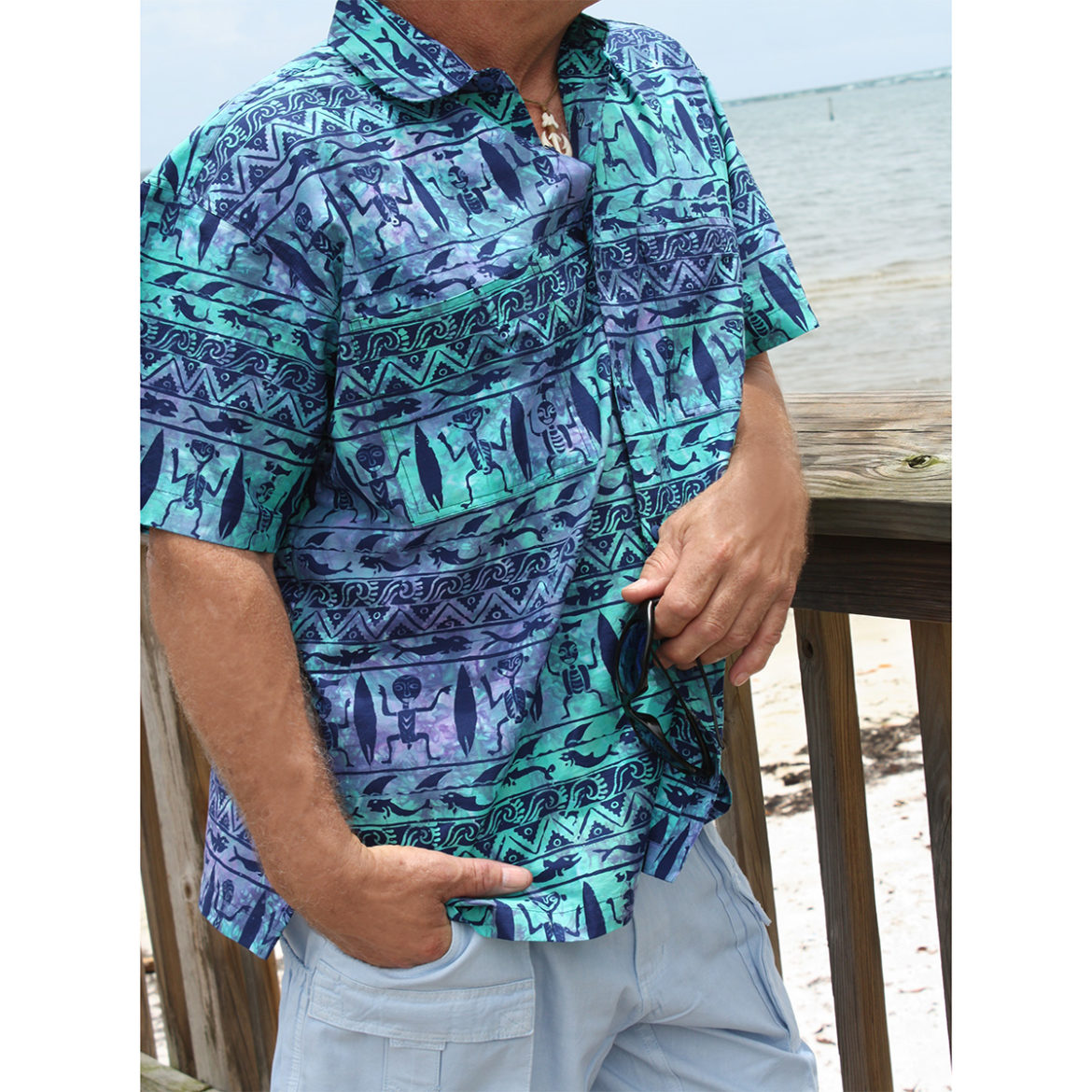 Rum Reggae - Mens Hawaiian Tropical Shirt - Primitive Surf- Turquoise/Navy- Model Front Side View