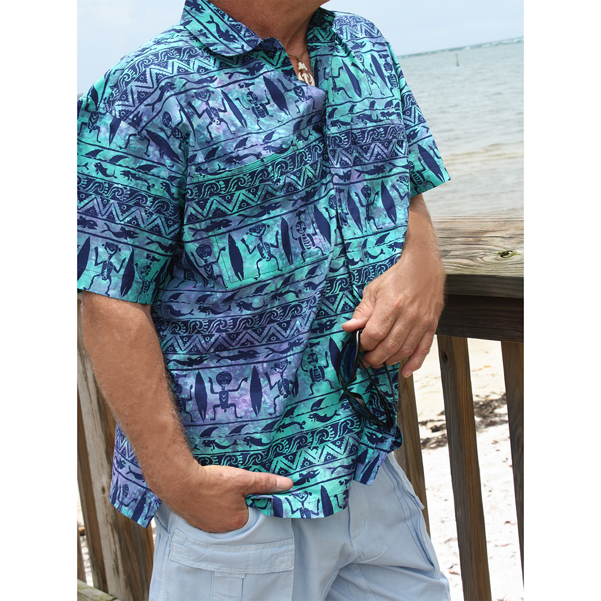Rum Reggae – Mens Hawaiian Tropical Shirt – Primitive Surf- Turquoise/Navy- Model Front Side View