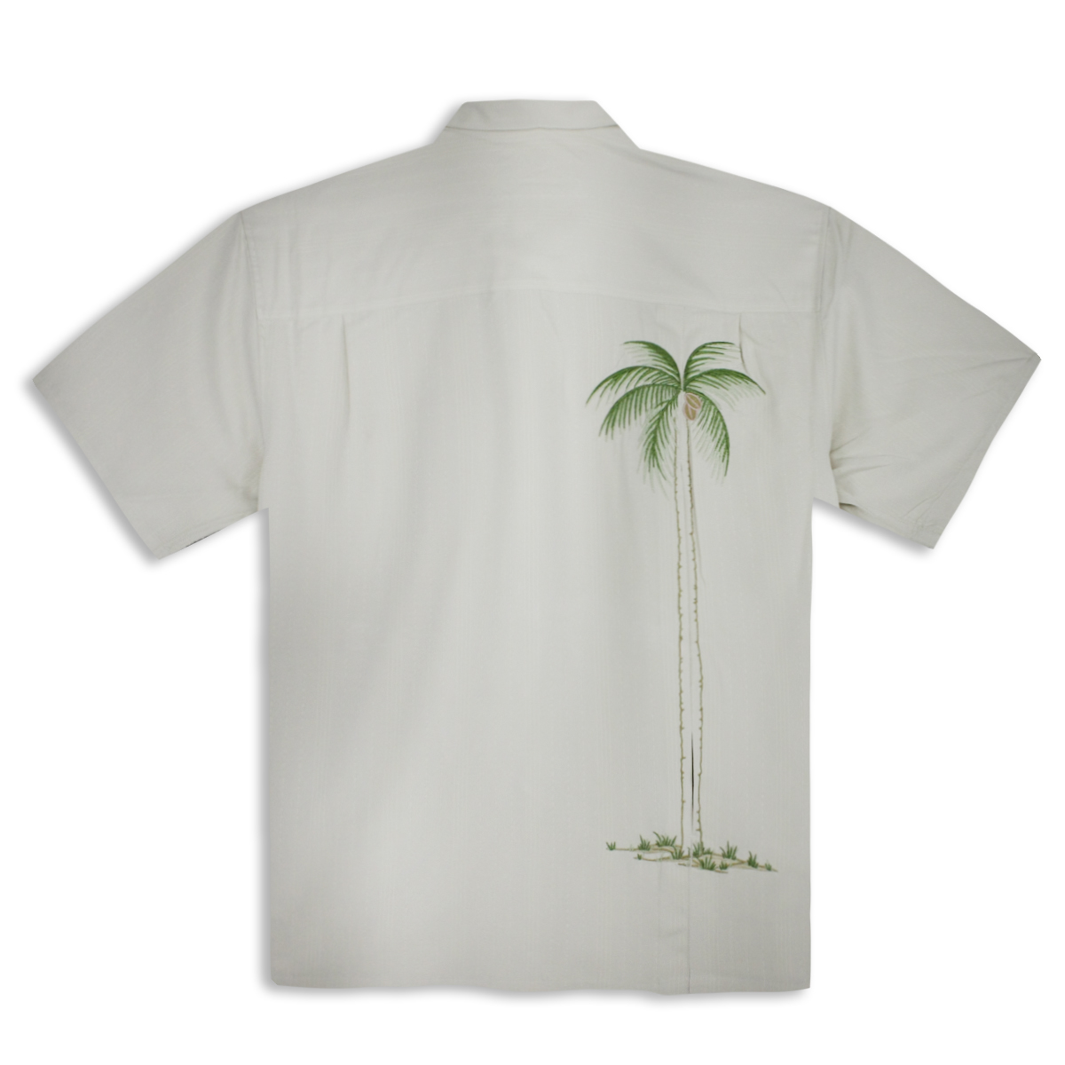 Fine Mens Resortwear Shirt . Bamboo Cay  -Hidden Palm-Cream- Open back view-Easy Care Handsome  Island Vacation Shirt.