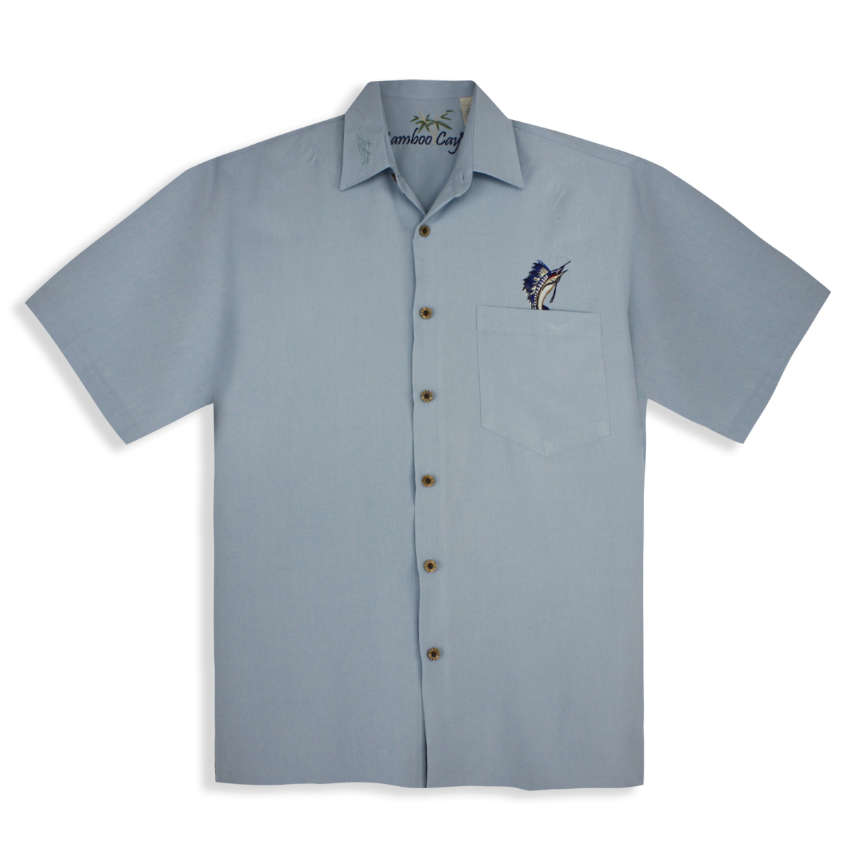 Bamboo Cay Men’s Shirt-Shake the Hooks/Rod and Reels-chalk blue-front view