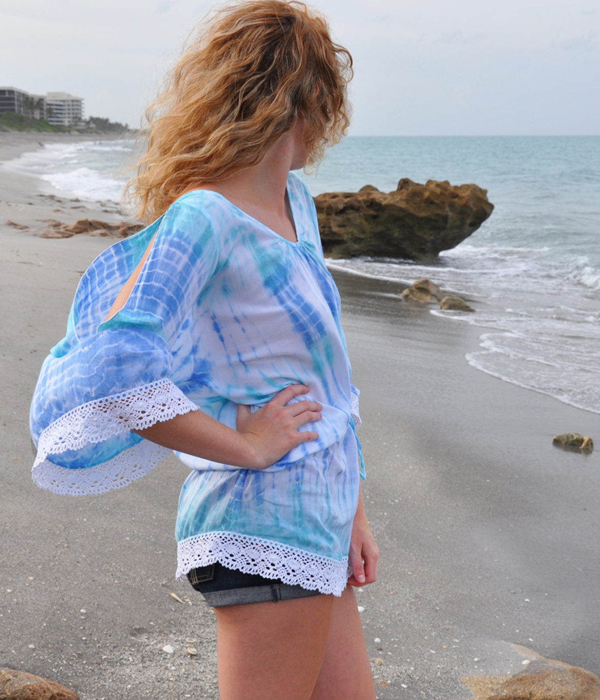 women's Cold Shoulder Tie Dye-Coastal Cabana-Periwinkle&Aqua-Model Side view