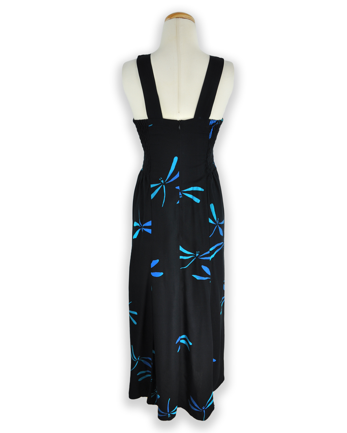 Tropical Maxi Sundress- Dragonfly Delight – Black & Turquoise – Back view –