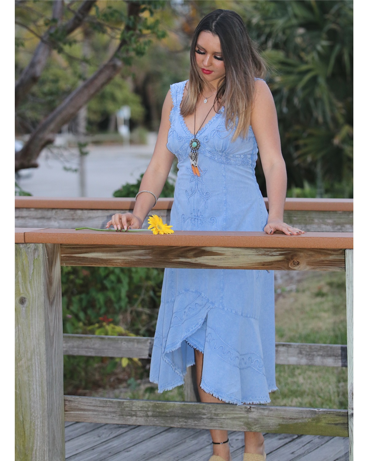 Caribbean Beauty Sundress – Light Jean – Model on Boardwalk – Front View