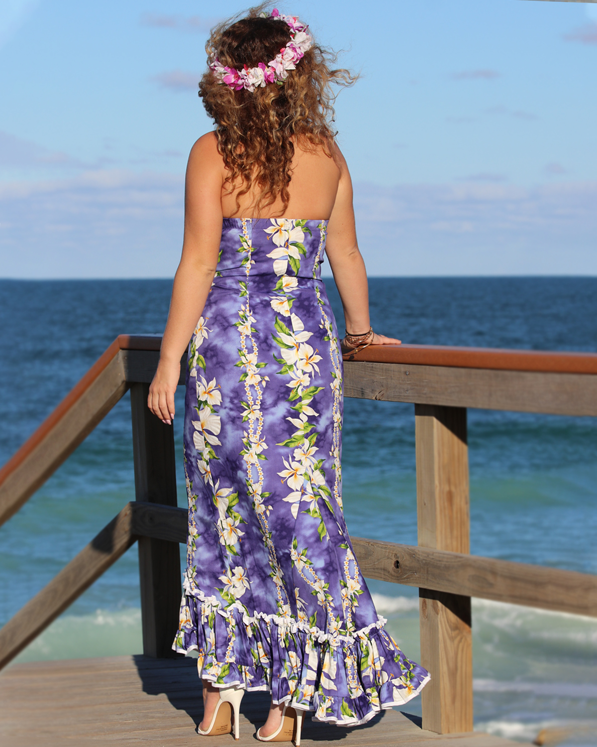 Strapless Long Sundress – White Ginger Garden Purple- model back view