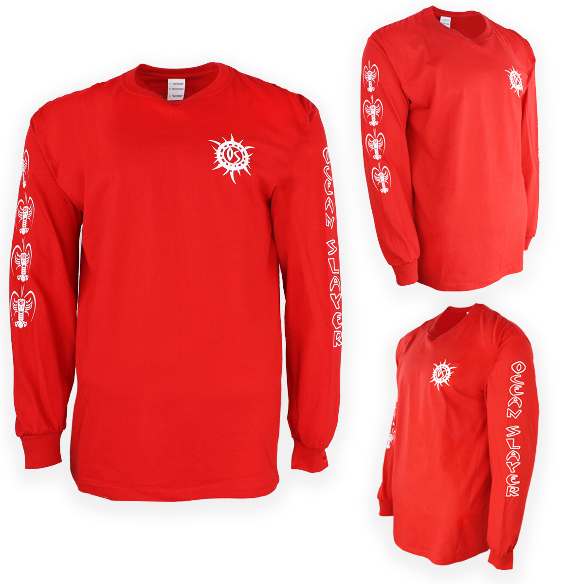 Hawaiian Tribal Print Long Sleeve T-Shirt – Ocean Slayer – red – Front