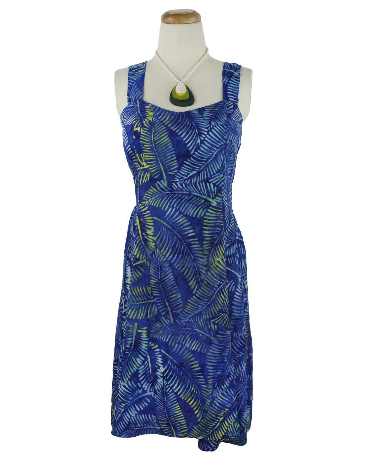 Short Tropical V-Neck Sundress -Bali Beauty – Blue -Front w/necklace